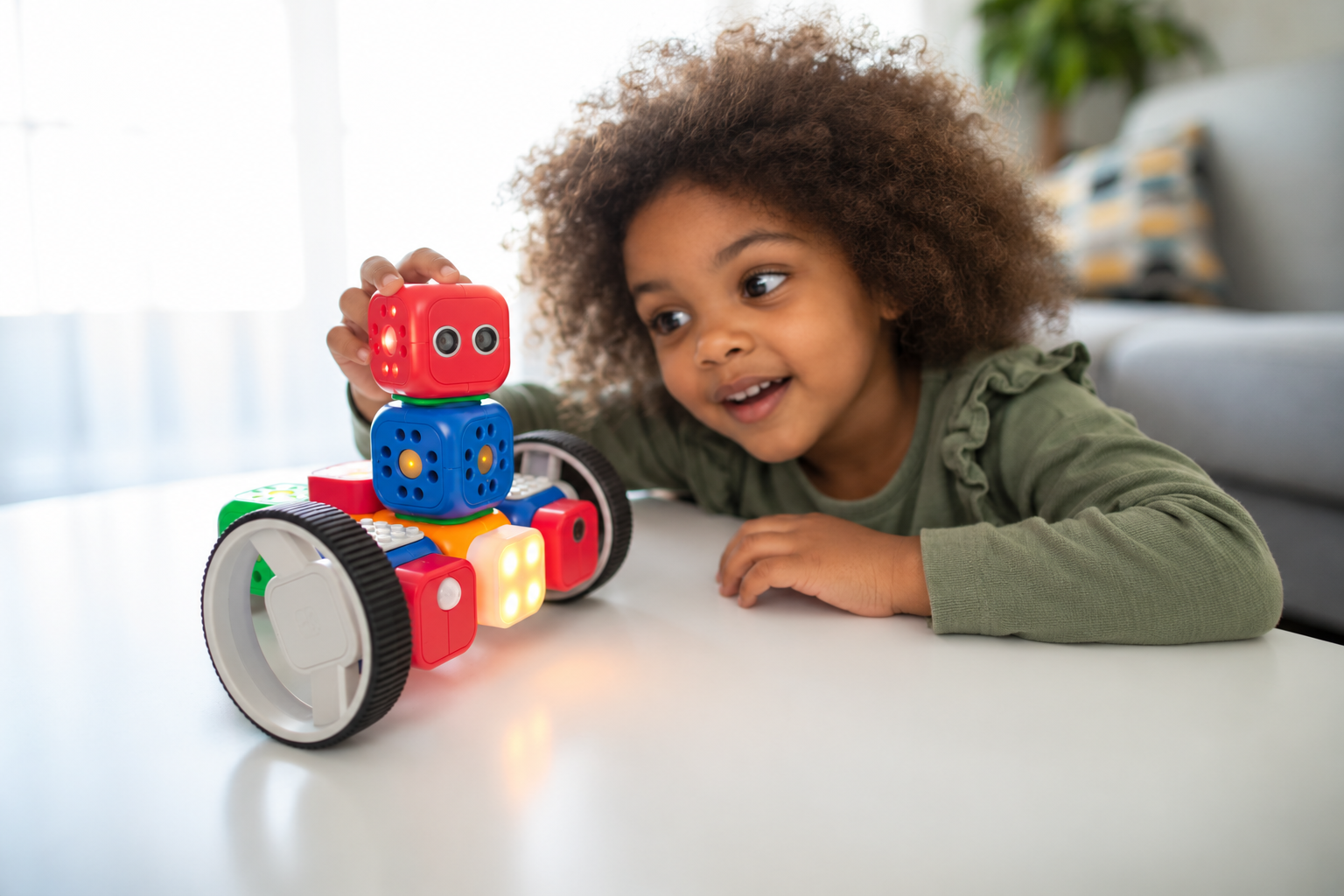 A young child leaning toward a colorful robot with an expression of curiosity and wonder.