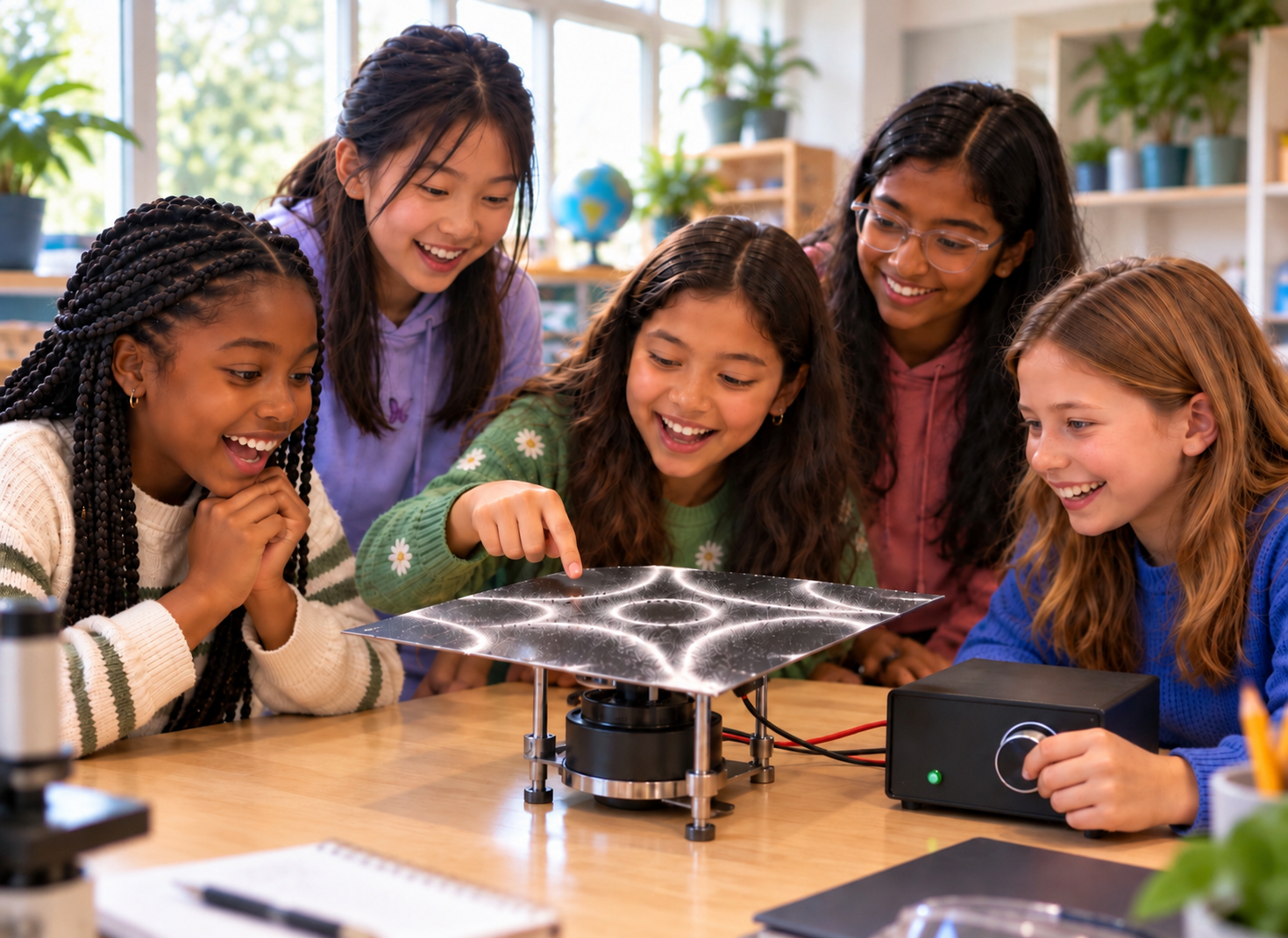 Five girls exploring sand patterns on a vibrating Chladni plate, with a softly blurred notebook in the foreground.