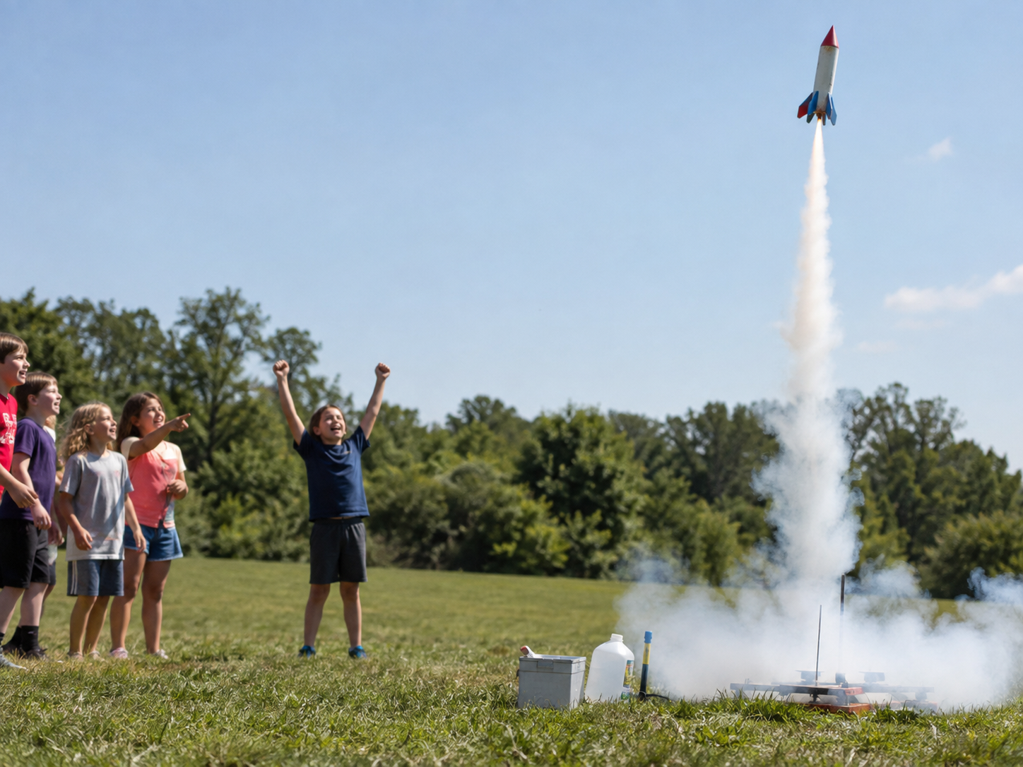 A diverse group of children watching a homemade model rocket launch in a grassy field.